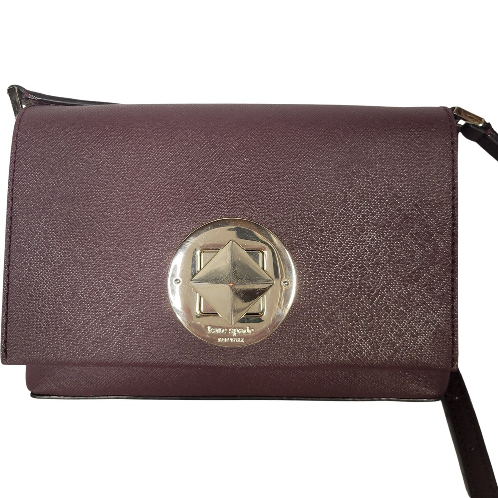 Kate Spade Burgundy Saffiano Leather Crossbody Bag Gold Pyramid Turnlock Plum